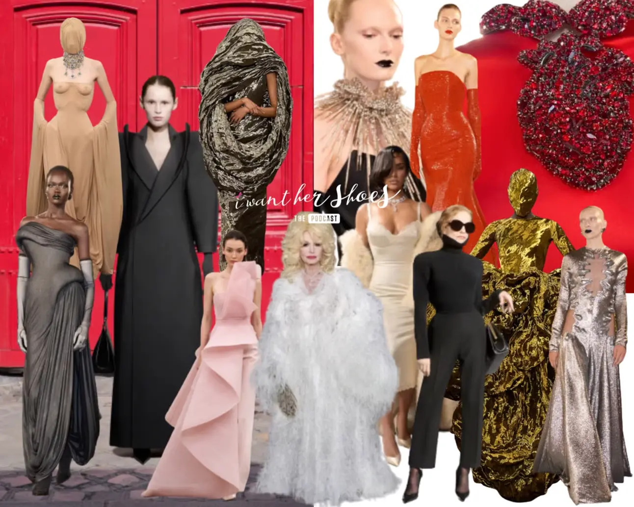 Sculptural couture gowns photographed against a deep red gallery wall, where fashion reads as art